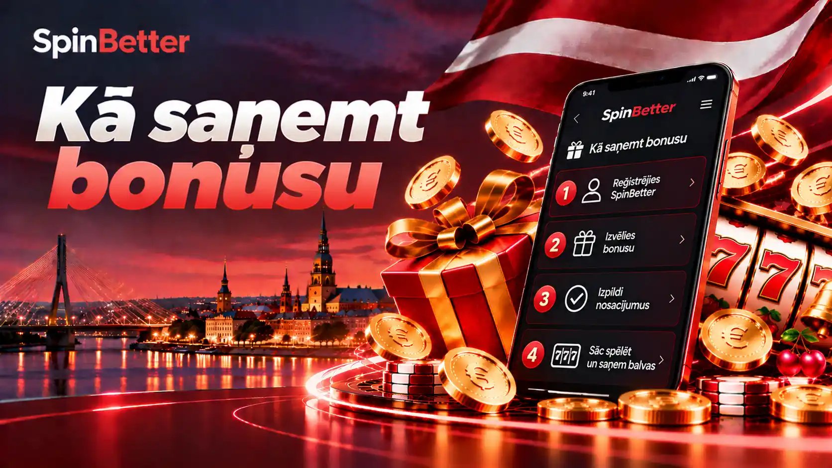 Četri soļi bonusa saņemšanai SpinBetter lietotnē: reģistrācija, izvēle, nosacījumi un spēle