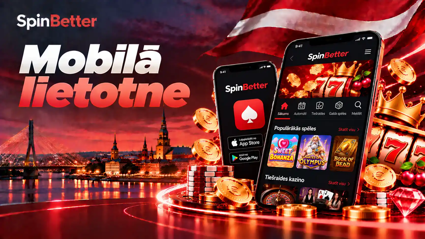 SpinBetter mobilā lietotne ar populārākajām spēlēm un tiešraides kazino