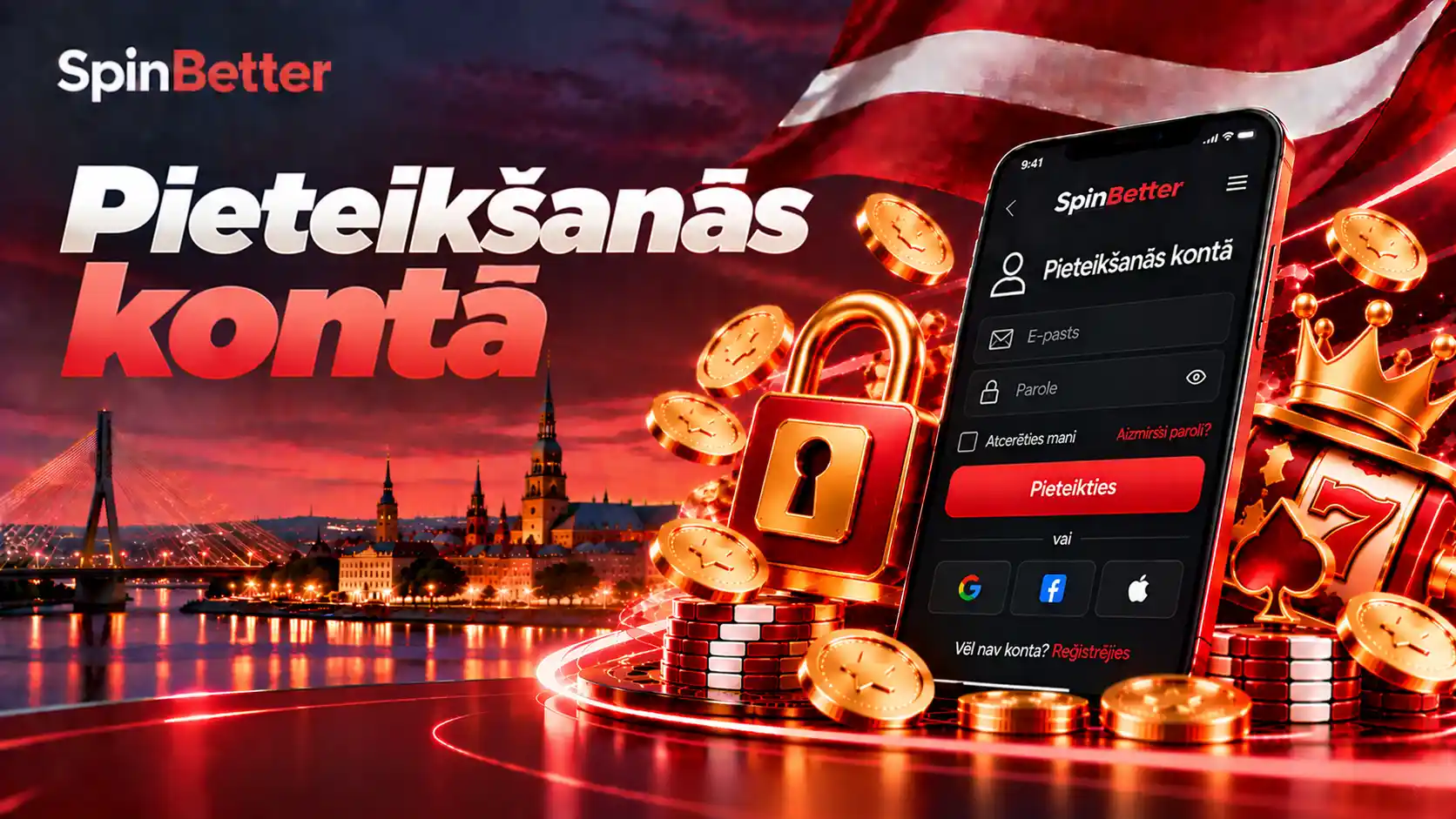 SpinBetter login ekrāns telefonā: e-pasta un paroles lauki, pogas Pieteikties un sociālo tīklu ikonas