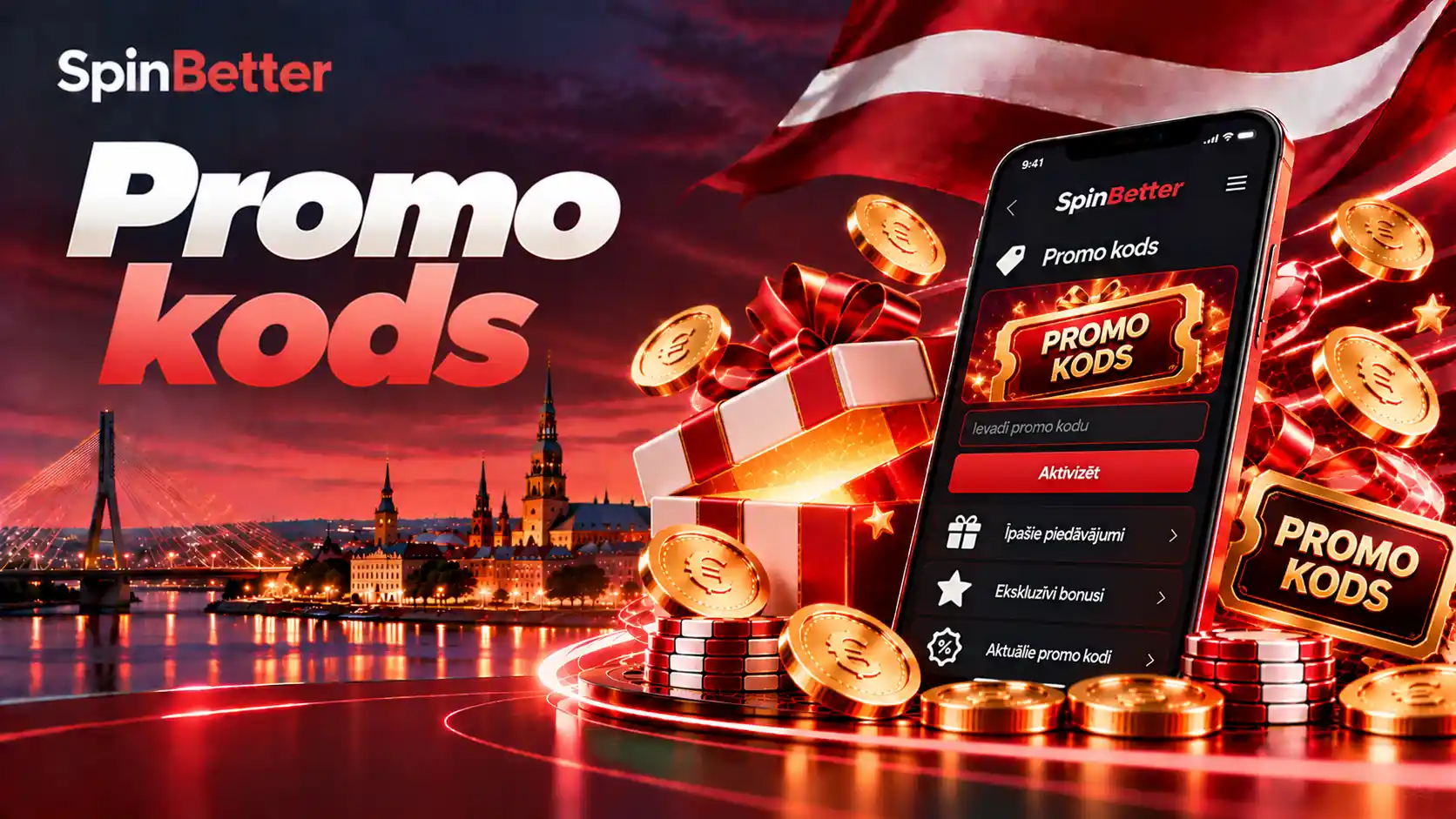 SpinBetter promo code lauks telefonā ar pogu Aktivizēt un dāvanu kasti
